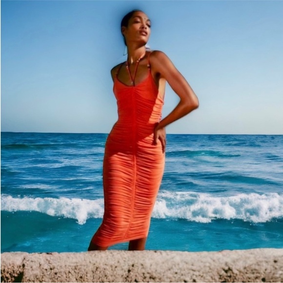 A.L.C. SANGRIA ORANGE ALLEGRA RUCHED BEAD EMBELLISHED MIDI DRESS size small EUC - Picture 3 of 11